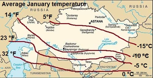 January average temperature in Kazakhstan