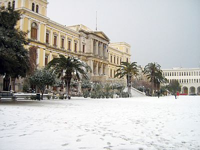 Snow in Syros, Miaouli Square, Ermoupoli