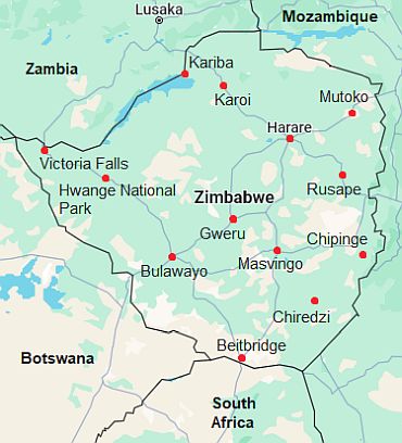 Map with cities - Zimbabwe
