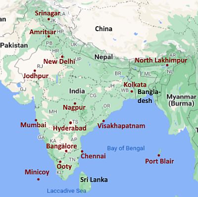 Map with cities - India