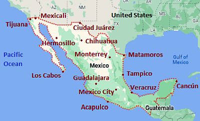 Map with cities - Mexico