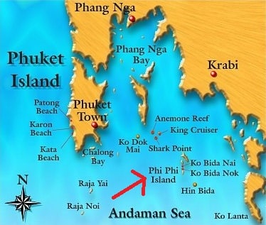 Map of Phi Phi islands and surrounding areas