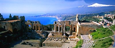 Taormina, theater, sea and Mount Etna in the background
