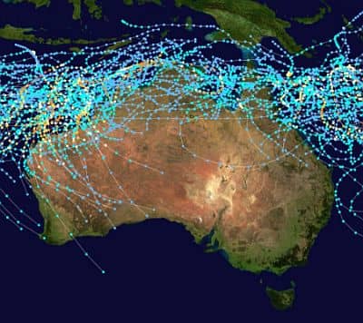 Area affected by cyclones in Australia