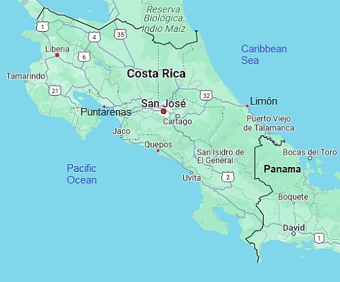 Map with cities - Costa Rica