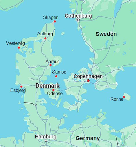 Map with cities - Denmark