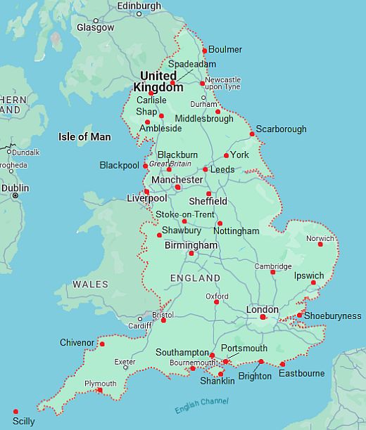 Map with cities - England
