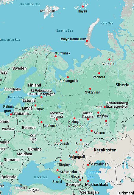Map with cities - European Russia
