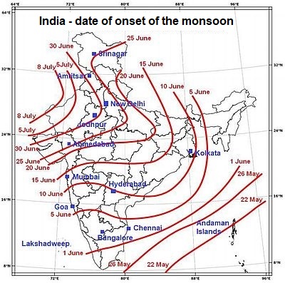 Normal dates of onset of the southwest monsoon in India