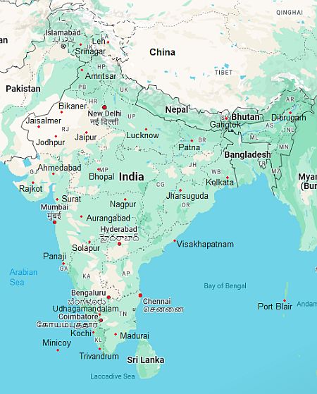 Map with cities - India