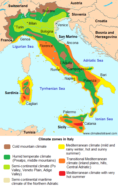 Map with the climate zones in Italy