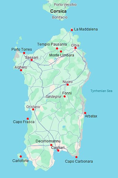 Map with cities - Sardinia