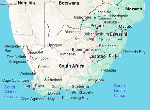 Map with cities - South Africa