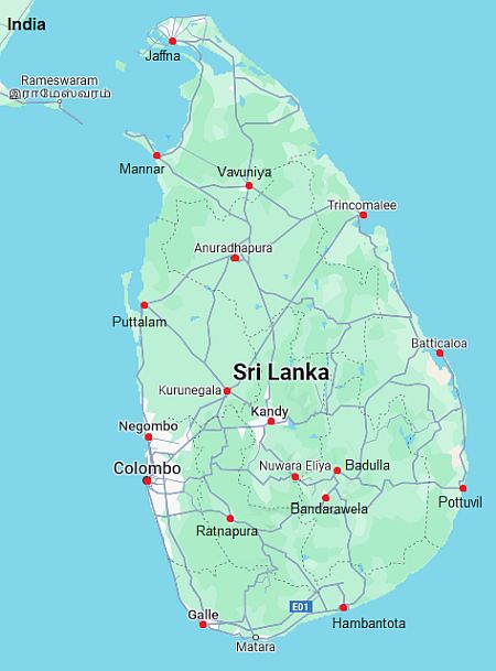 Map with cities - Sri Lanka