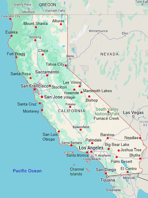 Map with cities - California