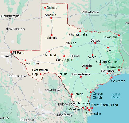 Map with cities - Texas