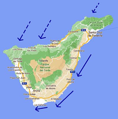 Coastal areas of Tenerife most exposed to the wind